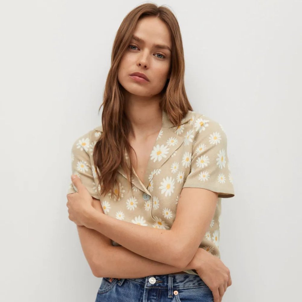 Mango Floral Short-Sleeve Collar Cardigan Button Up Shirt